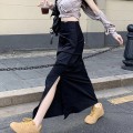 黑色高腰褶皱工装半身裙